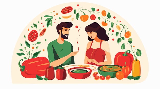 Vector couple cooking spicy food together man and woman preparing vegetarian dish