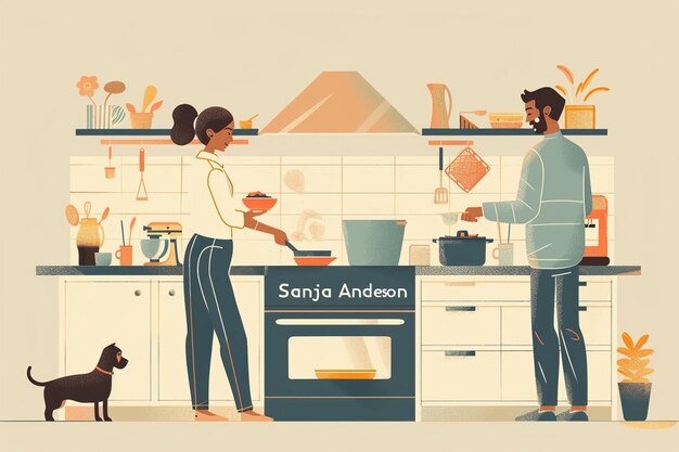 Vector couple cooking together kitchen scene