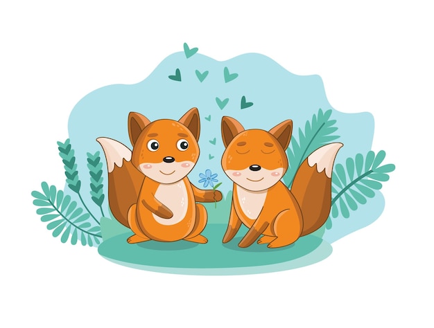 Couple of cute foxes, hand drawn cartoon illustration, valentine's day