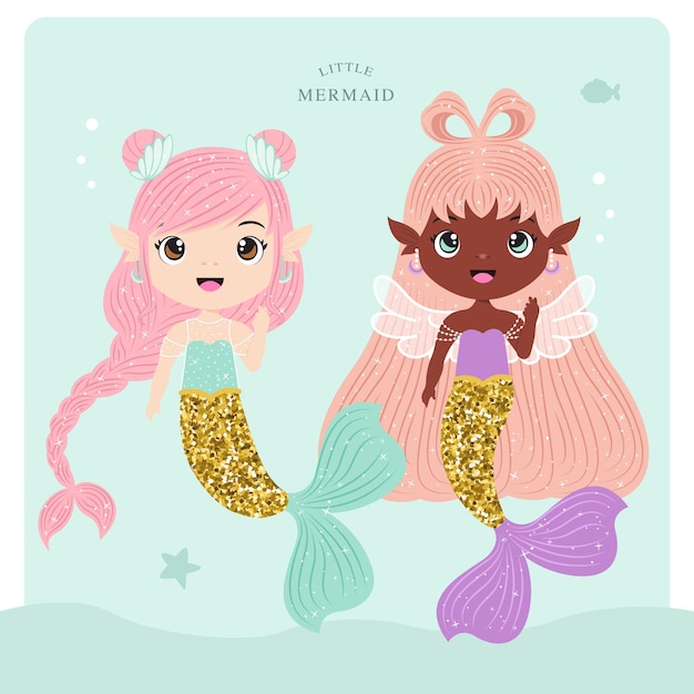 couple of cute glitter mermaid illustration