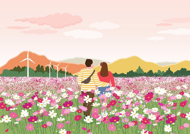 Vector a couple on a date in a cosmos flower field with a sunset autumn sky background