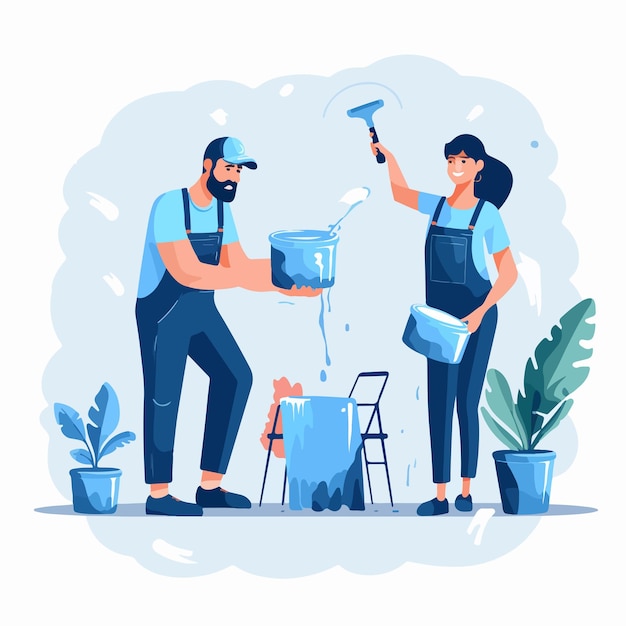 Vector couple decorating painting and writing in advertising theme