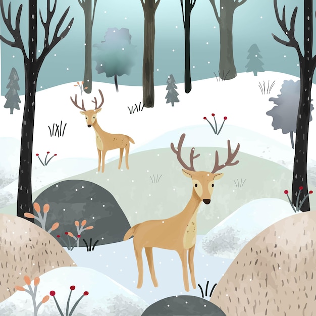 Couple deer  in beautiful winter forest cartoon