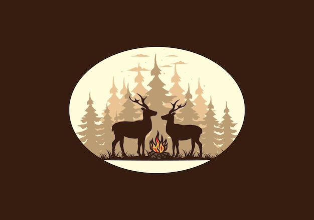 Couple deer and bonfire illustration