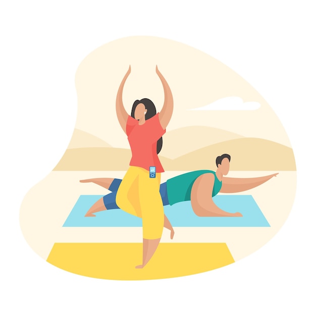 Couple doing yoga exercises outdoor. Male and female cartoon characters doing fitness activities open air. Sport healthy lifestyle. Flat vector illustration