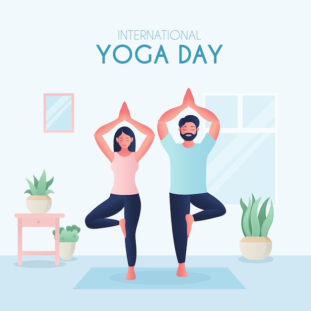 Couple doing Yoga for International Yoga Day June 21st world yoga day