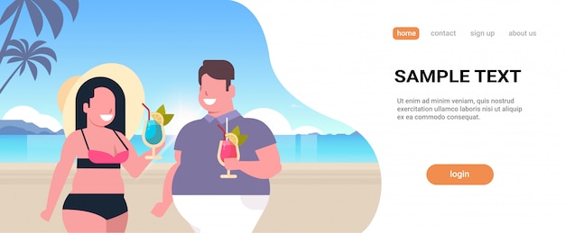 couple drinking cocktails tropical sea beach  man woman having fun summer vacation concept