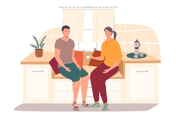 Couple drinking coffee in home kitchen web concept. Man and woman sitting on window seat talking and drinking hot beverage