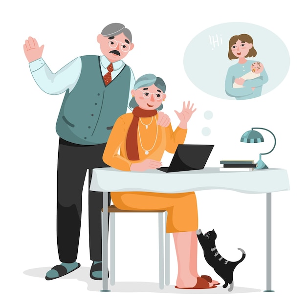 A couple of elderly people communicate via video link via laptop with their daughter who had a baby. Cartoon-style illustration.