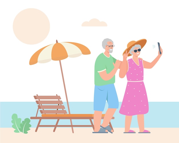 Couple of Elderly People with smartphone on beach in summer Senior men and women taking selfie