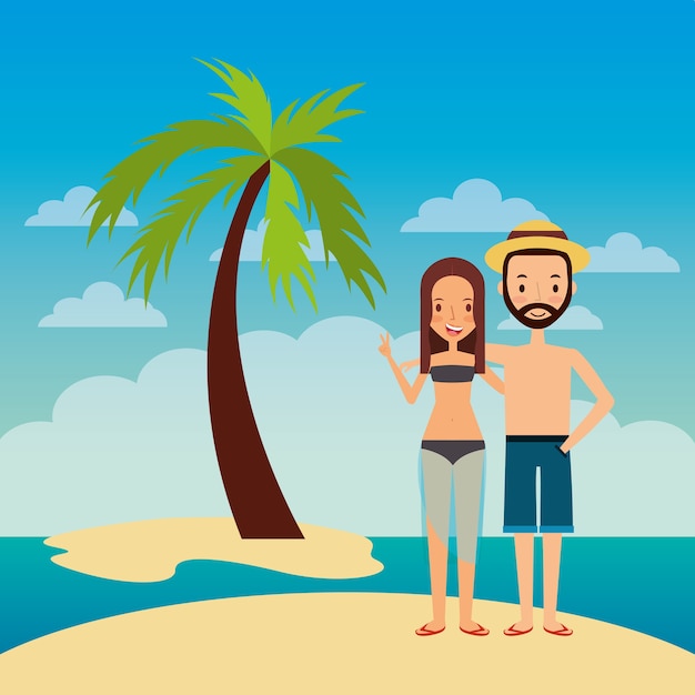 Couple embrace happy in island beach tropical palm