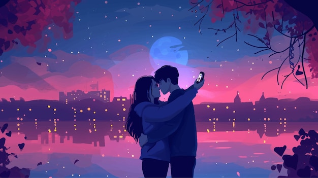 Vector a couple embraces in front of a night sky with the moon behind them