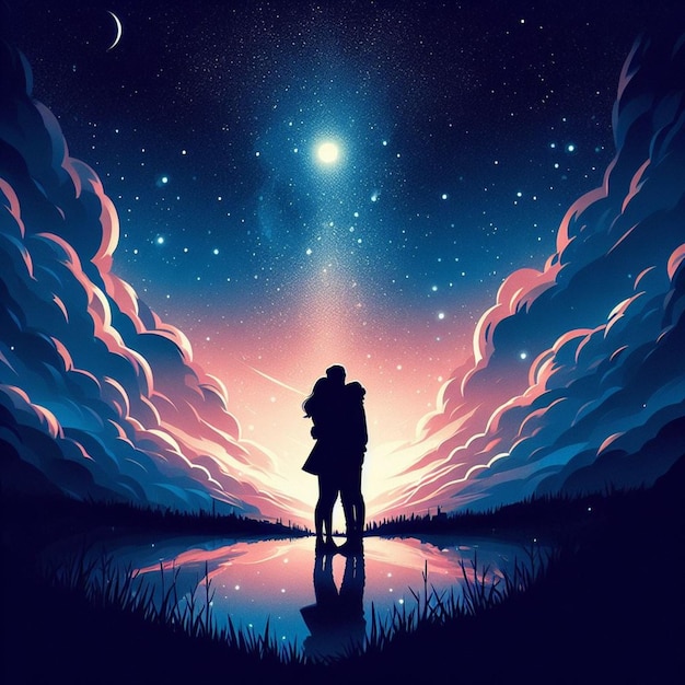 a couple embraces under a starry sky with the moon behind them