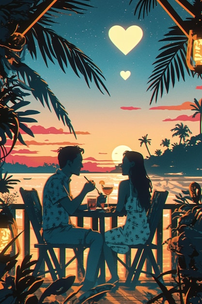 Vector couple enjoying a sunset beach dinner