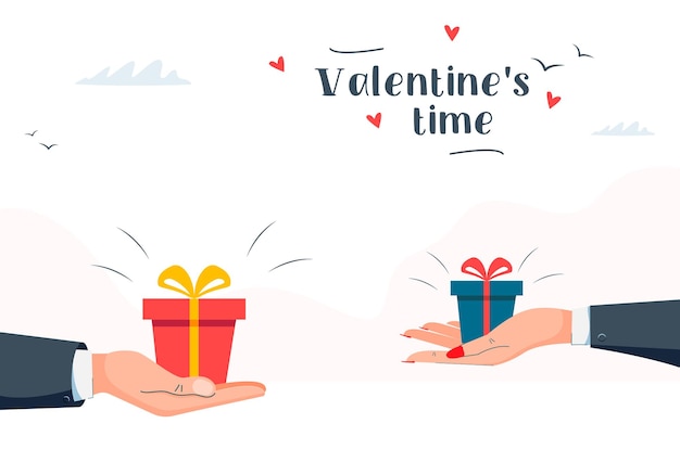 Couple exchange gifts. Hands giving present for Christmas, valentine, anniversary theme. Vector