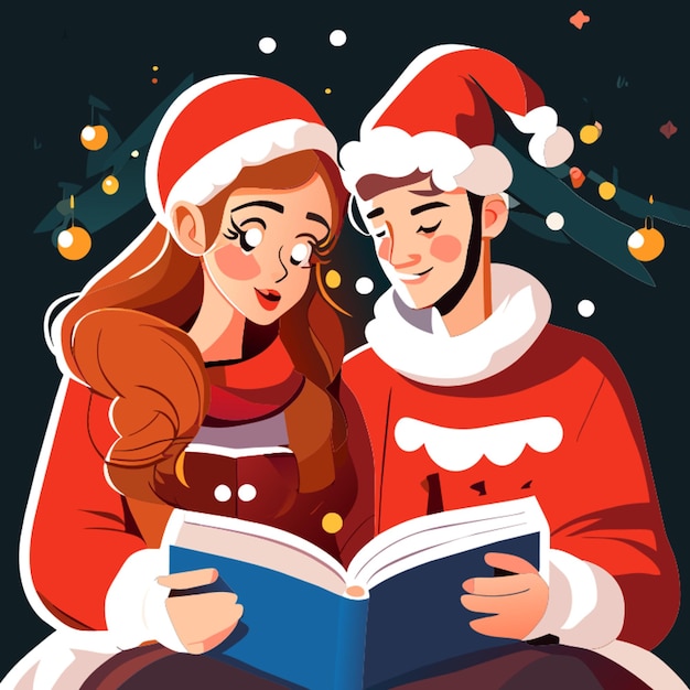 Vector a couple exchanging heartfelt christmas cards and reading them with smiles vector illustration