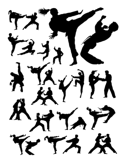 Couple exercising karate silhouette