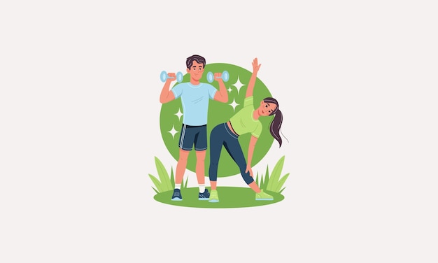 Vector couple exercising outdoors with weights and stretching