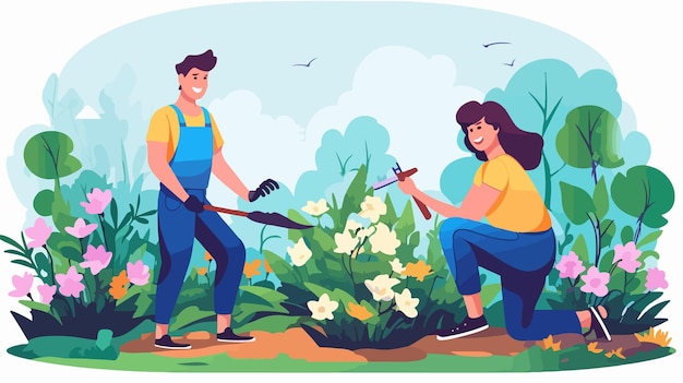 Vector couple gardening together man and woman working in garden with shovel