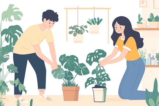 Vector couple gardening together outdoors