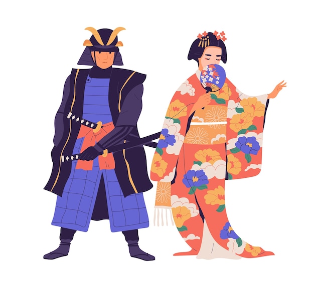 Couple of geisha and samurai standing isolated on white background. Japanese man with sword and woman with fan dressed in traditional kimono. Ancient Asian people. Colored flat vector illustration.