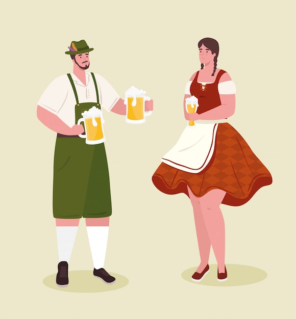 Couple german in national dress with beer jars for oktoberfest festival vector illustration design