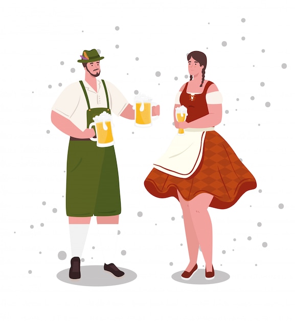 Couple german in national dress with beer jars, for oktoberfest festival vector illustration design