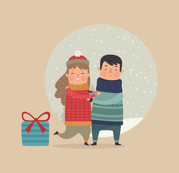 Couple and gift in snowscape