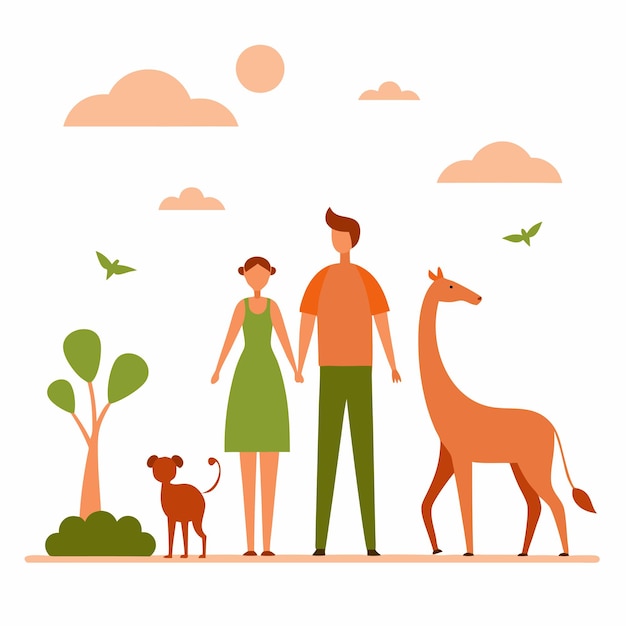 Vector a couple and a giraffe are standing in front of a tree with a dog and a giraffe