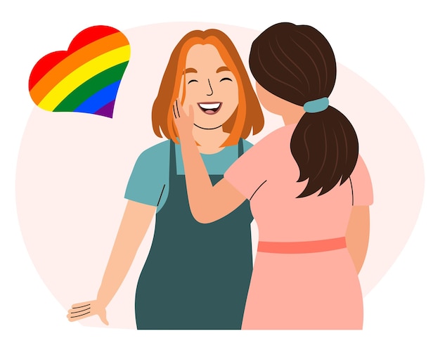 A couple of girls in love of different nationalities. LGBT illustration, vector