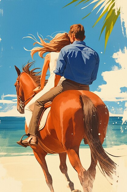 Vector couple going horseback riding on the beach