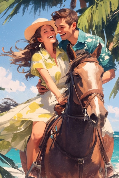 Vector couple going horseback riding on the beach