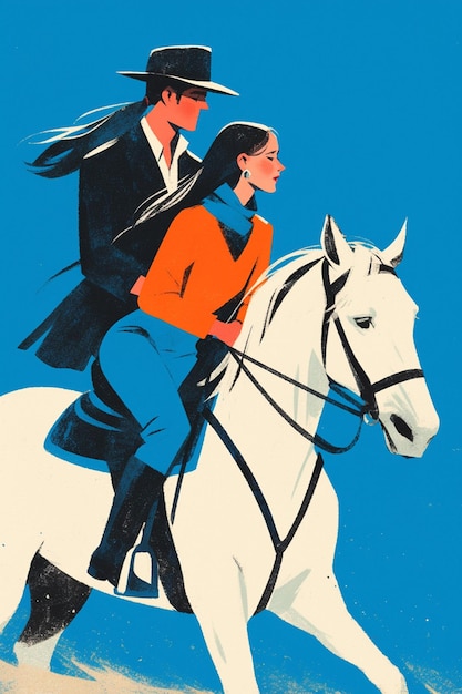 Vector couple going horseback riding on the beach