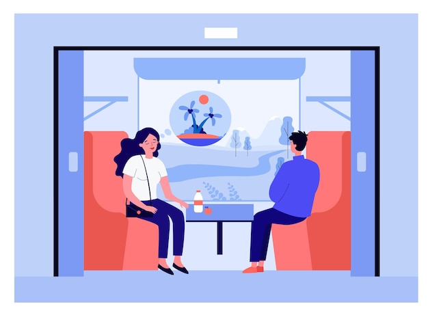 Couple going on vacation by train. Calm woman thinking about island, field outside carriage window flat vector illustration. Holiday, traveling concept for banner, website design or landing web page