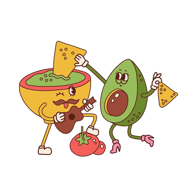 Couple of Guacamole and Avocado characters eating Nachos Nacho dip in bowl mascot playing the guitar Mexican food retro cartoon concept Latin American Serenade 40s cartoon vector illustration