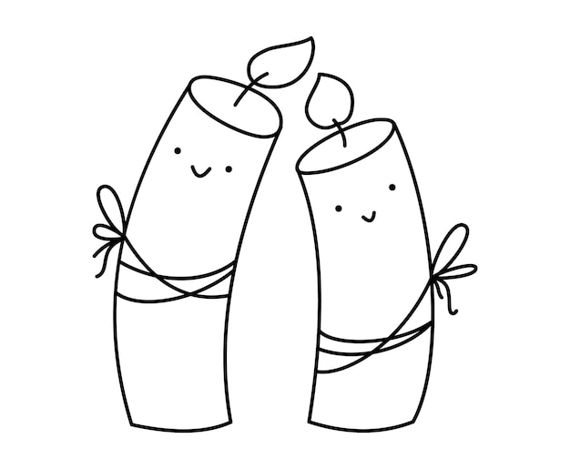 Couple of happy love smiling romantic doodle burning candles Vector line christmas illustration