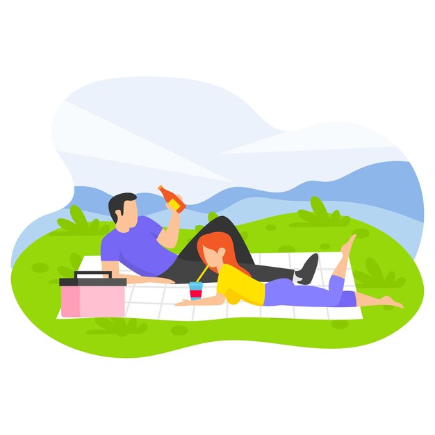 Couple Having Fun While Camping Concept Girl and boy enjoying drinks in picnic vector color design