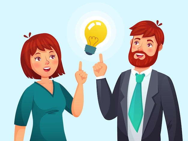 Couple having idea. Husband and wife have solution, adult male and female solved problem or ideas lamp cartoon  illustration