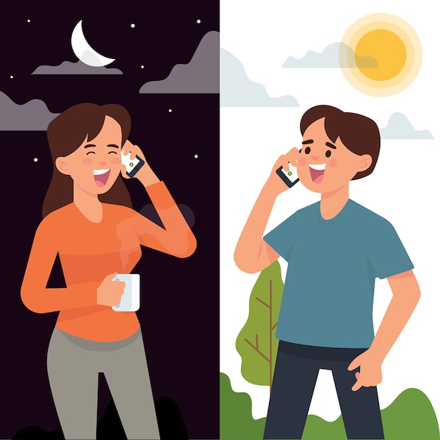 couple having phone call in different time