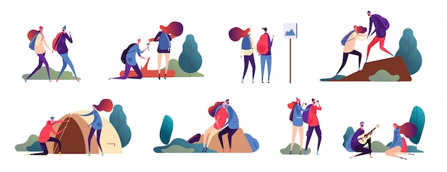 Vector couple hiking. man and woman, romantic people hike. happy couples in travel outdoor adventure and camping in nature.  characters