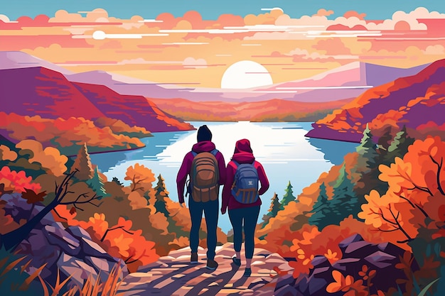 Couple Hiking Together in Autumn