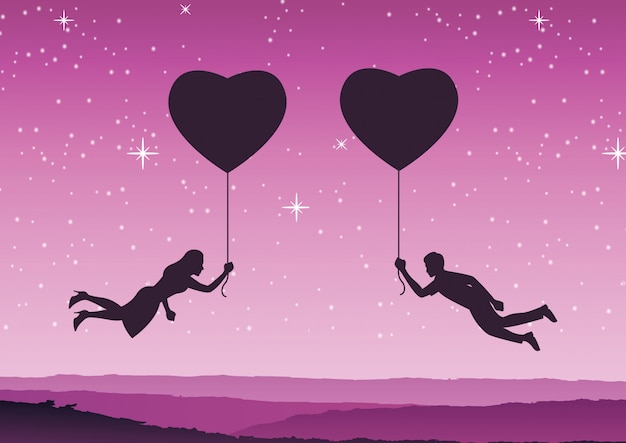 Couple hold heart shape balloon and fly approach together