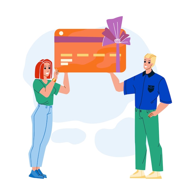 Couple Hold Loyalty Card Of Store Discount Vector. Man And Woman Holding Client Loyalty Card Gift For Make Purchase With Special Price in Shop. Characters Shopaholic Flat Cartoon Illustration