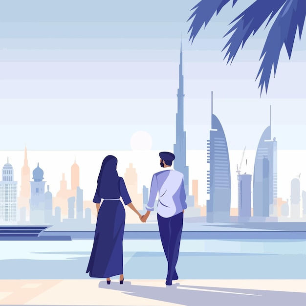 Vector a couple holding hands and looking at the city in the background