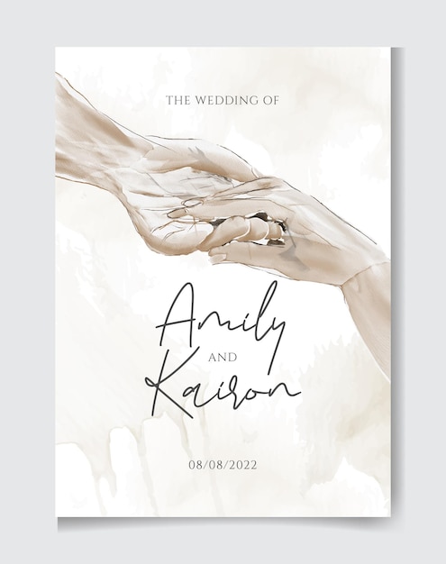 couple holding hands and love beautiful hand drawn watercolor wedding invitation card