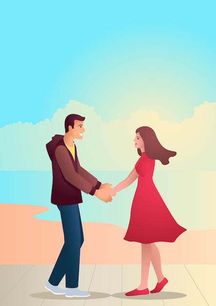 Couple holding hands at the sidewalk near the beach, simple vector illustration for Valentine day