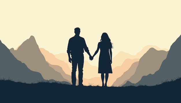 A couple holding hands silhouetted against a mountainous sunset backdrop