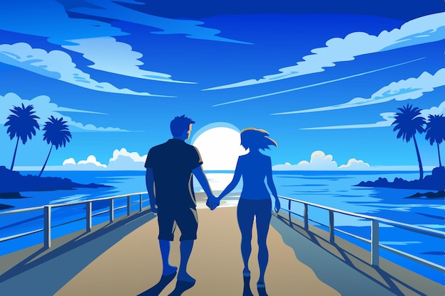 Vector a couple holding hands and walking on a ship in the ocean