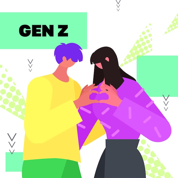 couple holding heart gesture generation Z lifestyle new modern demography trend with progressive youth gen portrait vector illustration