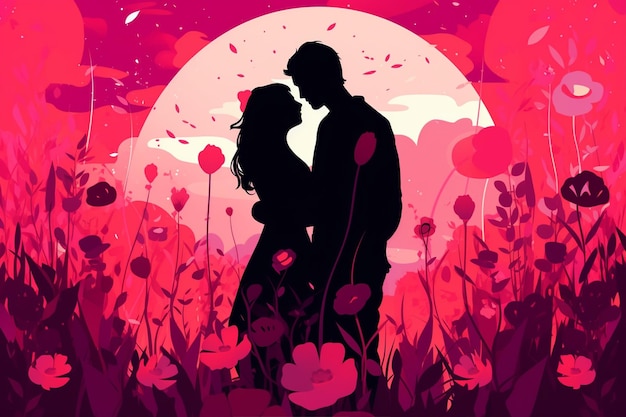 Vector couple hugging against a red background